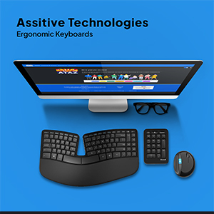 an image of an ergonomic keyboard in front of a computer